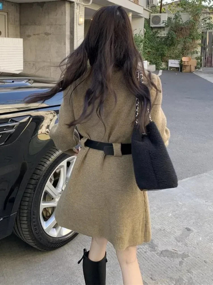 QWEEK Autumn Winter Knitted Sweater Womens Retro Long Sleeve Mini Belt Short Skirt 241007