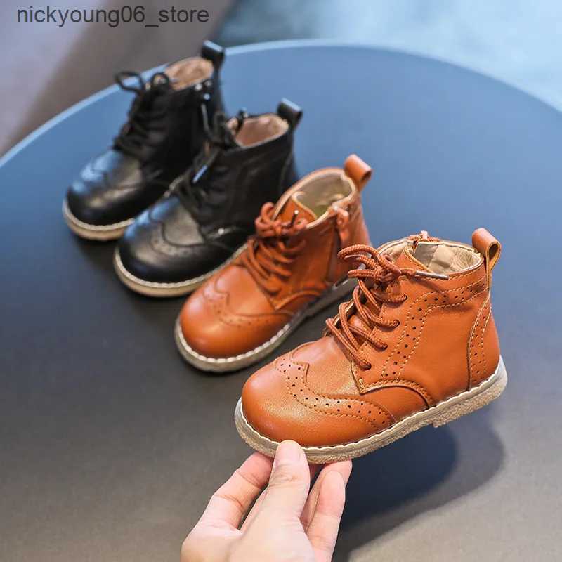 Boots Spring Autumn Girls Leather Shoes Fashion Kids Ankle Boots Solid Color Boys Sneakers Black Brown SMG136 L240910