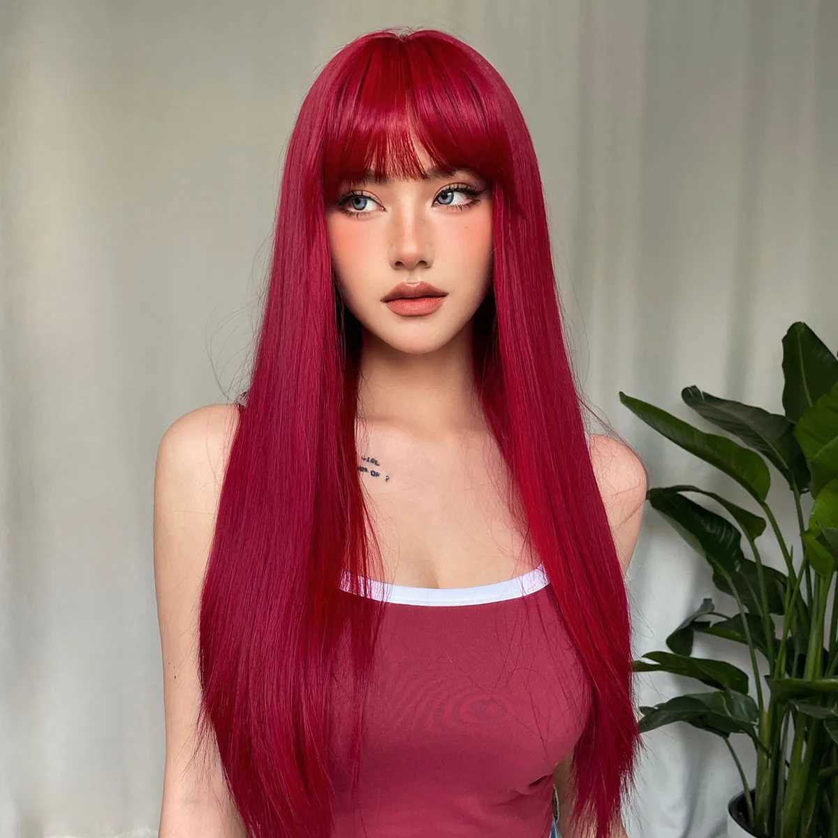 Light Wine Red Synthetic Wigs With Bangs for Women Long Straight Hair Wig Natural Cosplay Party Heat ResistantXJ241008