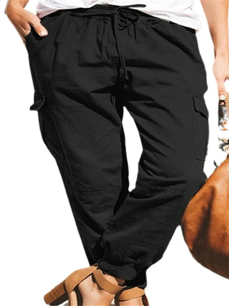 Women Casusal Cargo Long Pants Summer Female High Elastic Waist Drawstring Pocket Loose Solid Trousers ZYXX-1167 241008