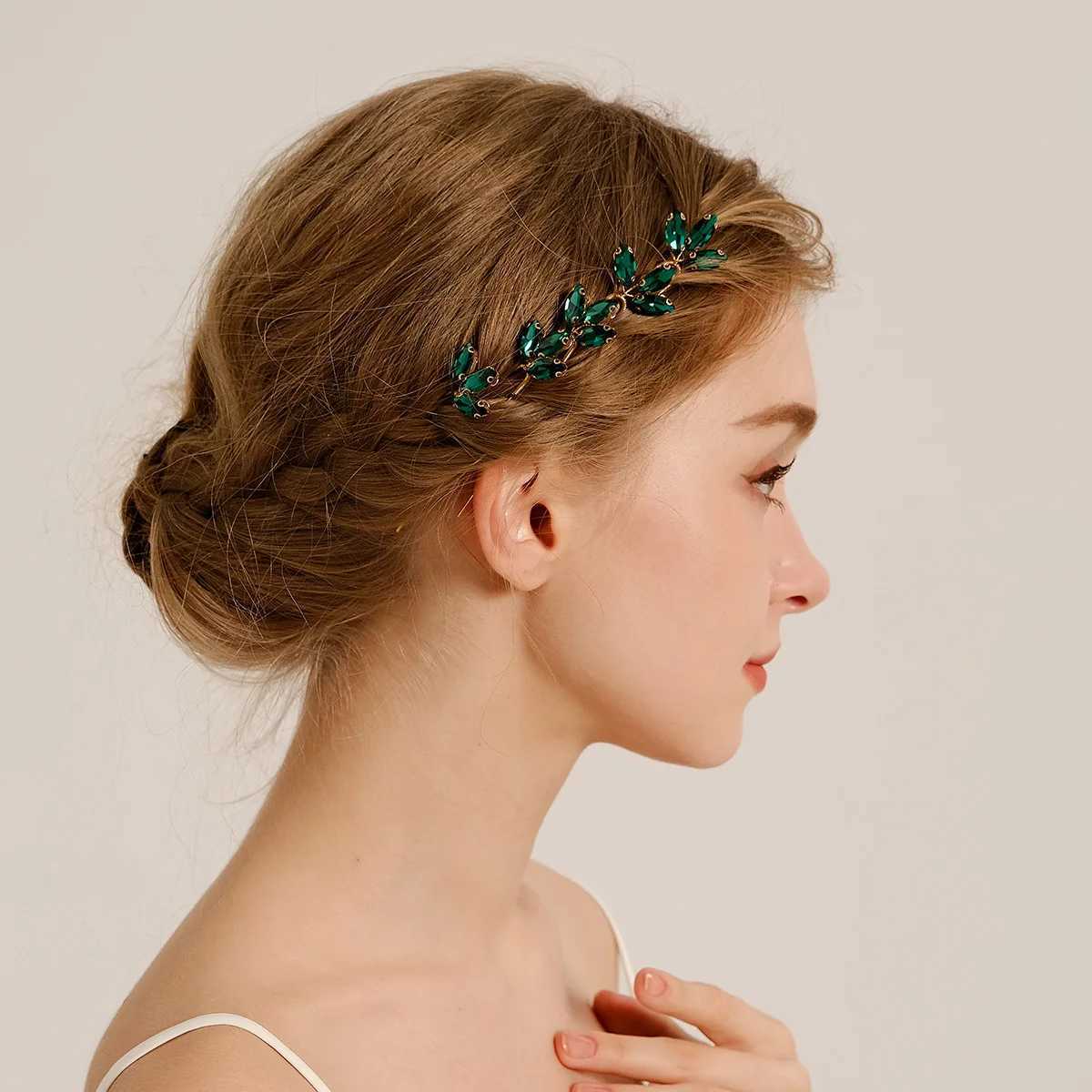 Fashionable green hair comb and pin set rhinestone crystal hair clip bridal wedding jewelry accessories bridal maid gifts W241007