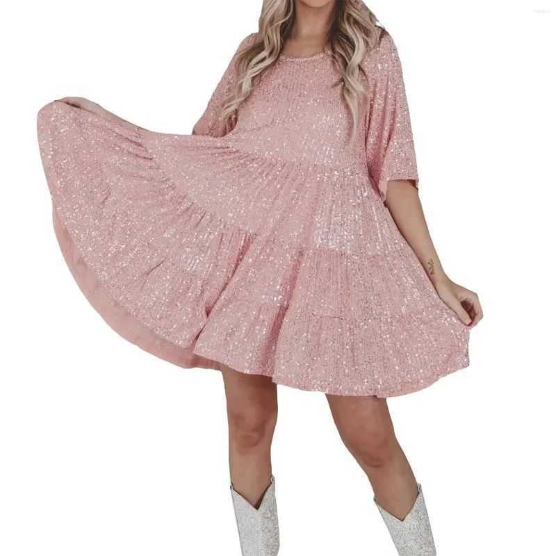 Casual Dresses Spring Summer New Glitter Dress Half Sleeve Round Neck Ruffle Loose Dress Urban Sexy Dresses 240924