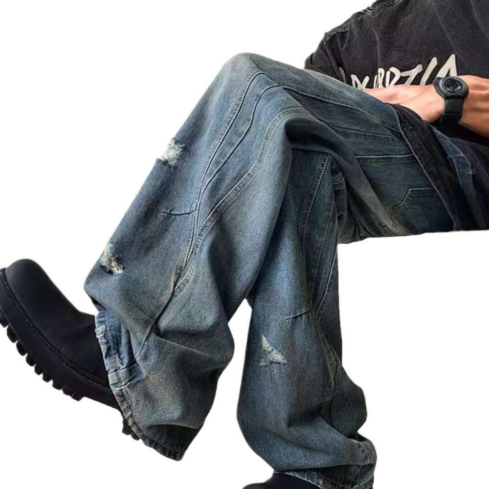 American Washed Denim Jeans For Men In Autumn, Loose Fit, Oversized, Wide Leg, High Street, Rugged And Handsome, Dirty And Worn Straight Leg Pants 1Ed