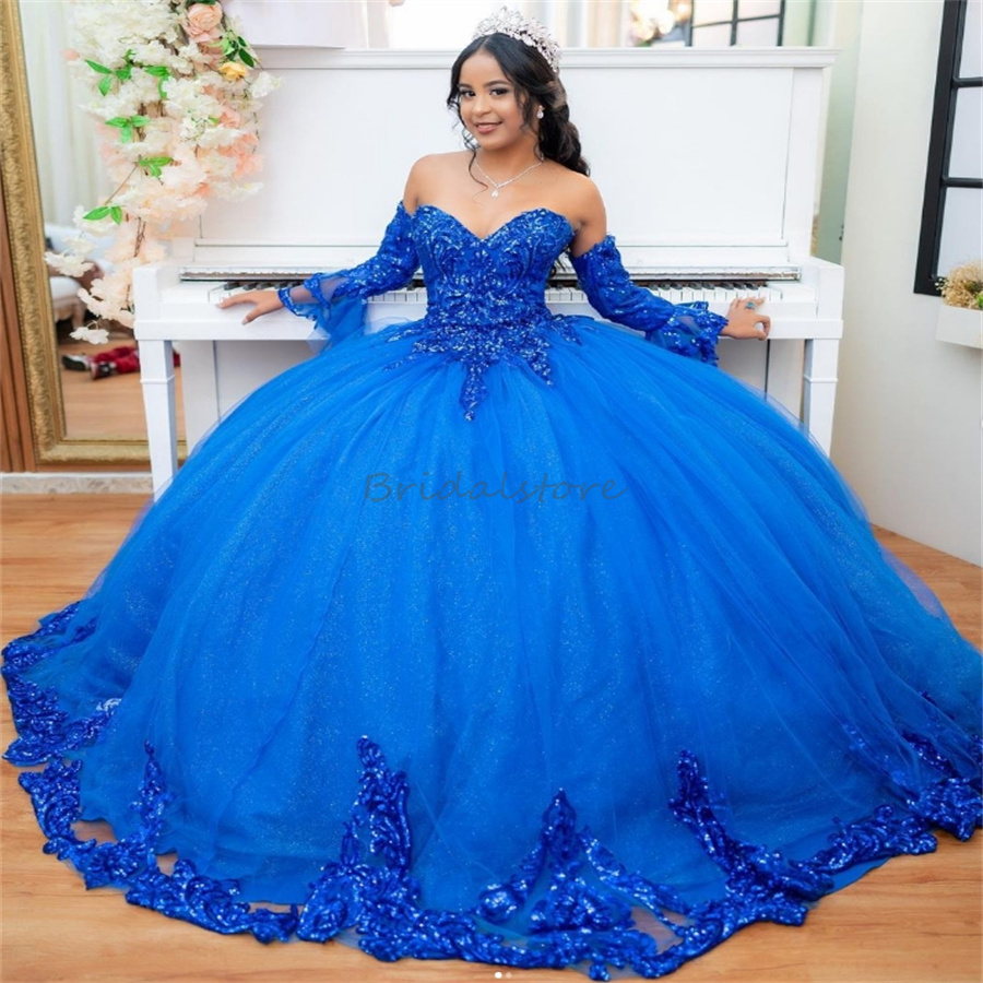 Sparkly Royal Blue Quinceanera Dresses 2025 Glitter Sequins Fifteen Birthday Party Dress Sweetheart Appliques Corset Vestidos De 15 Anos Quinceaneras 