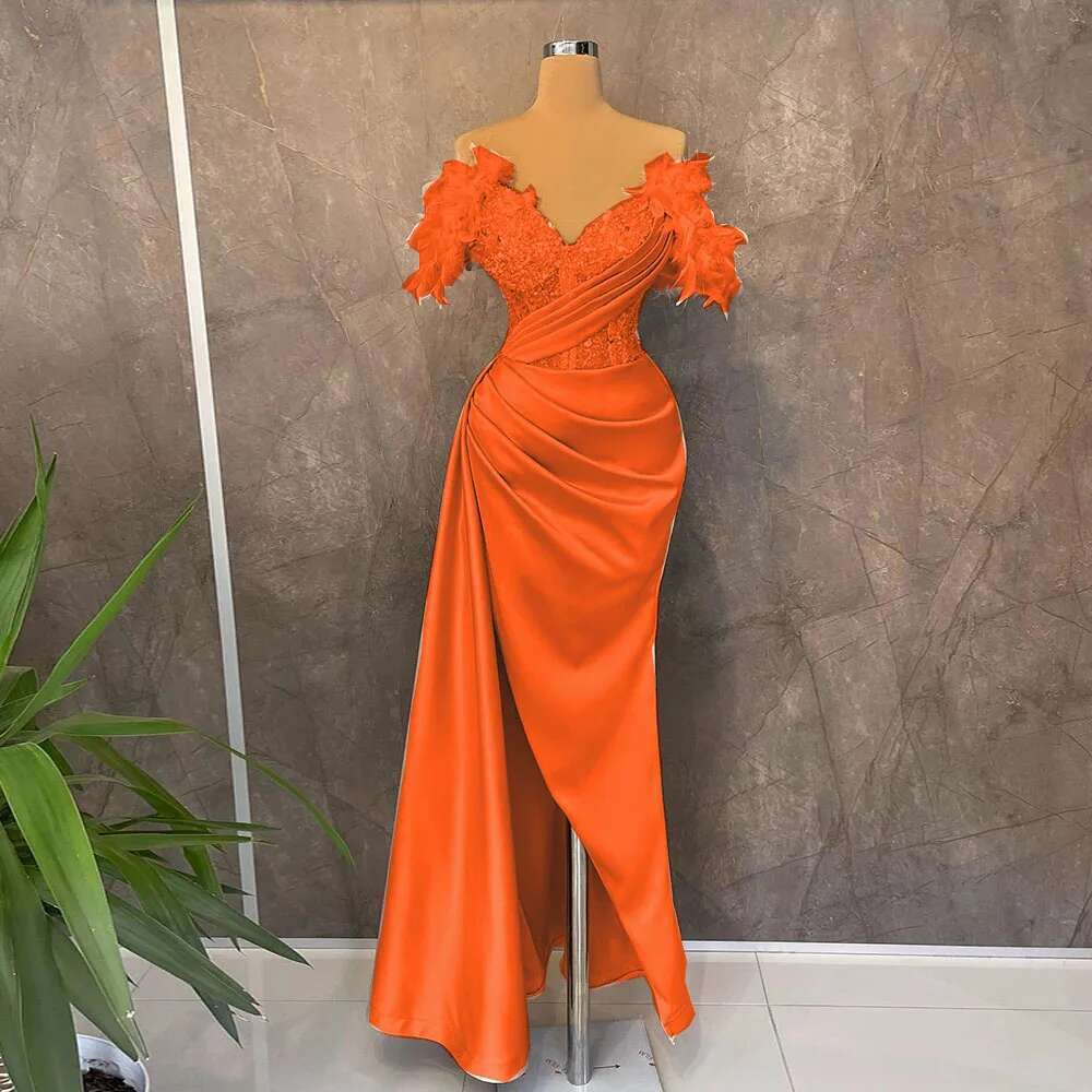 Pink Satin Feather Evening Ladies Party Sleeveless Beaded Sexy Prom Mermaid High Split Formal Ocn Dress