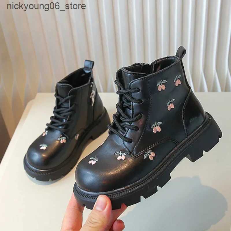 Boots Childrens Autumn Boots Fashion Black Ankle Boots for Girl PU Leather Elegant Embroidery Flower Causal Kids Shoes Side Zipper L240910