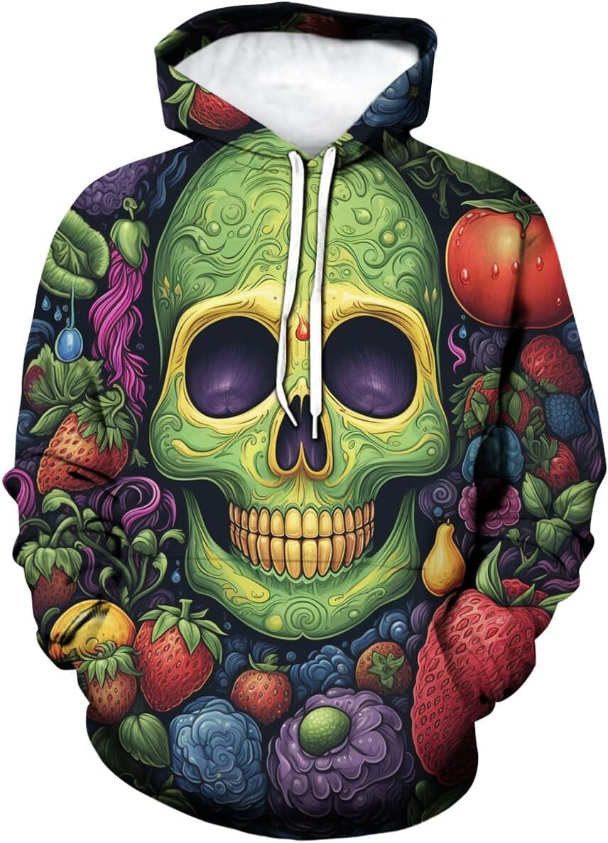 Hoodie for Mens Womens Mens Psychedelic Fruit Skull Hoodie Hippie Funny Pattern Long Sleeved Sweatshirt Hoodies Pocket Graphic Hoodies sweatshirt