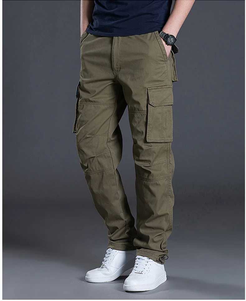 Large Pocket Loose Overalls Mens Outdoor Sports Jogging Tactical Pants Elastic Waist Pure Cotton Casual Work PantsX241008