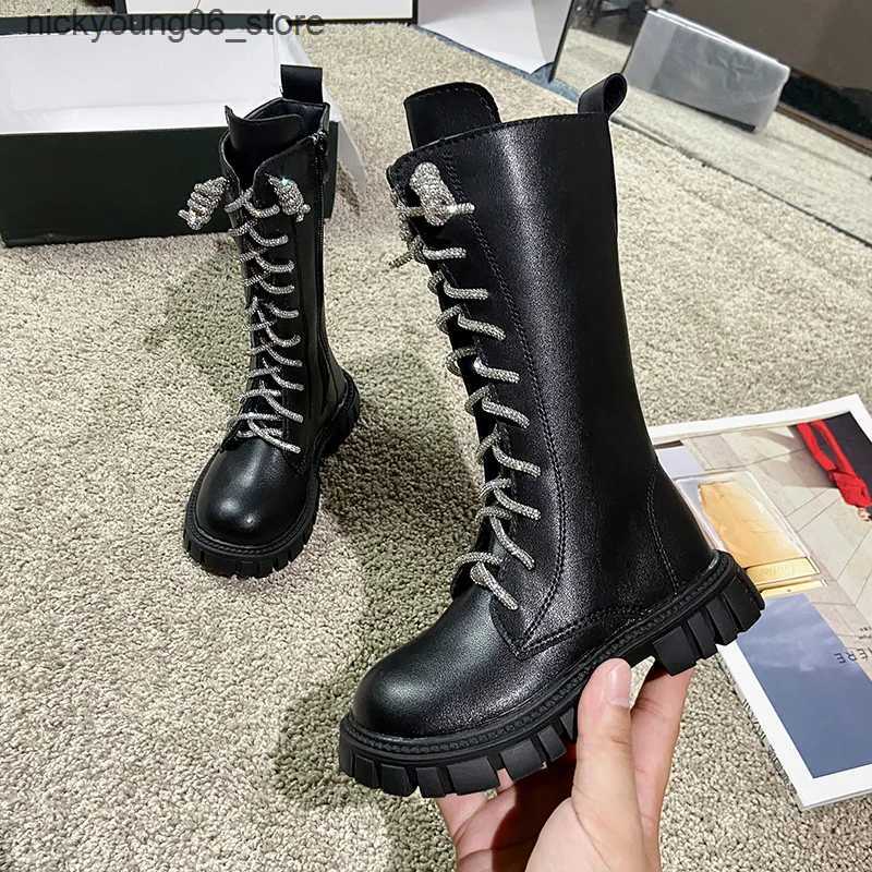 Boots Autumn New Long Boots for Girls Fashion Kids Rhinestone Princess Shoes Warm Anti Slip Casual Cotton Boots Lace Up Children Shoes L240910