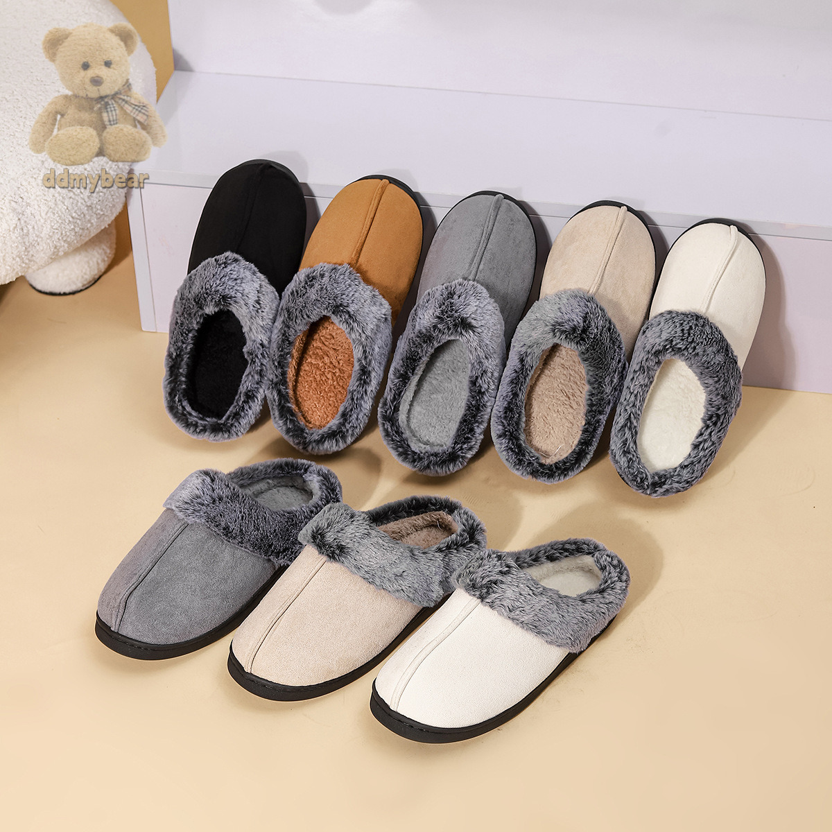 Ddmybear New Winter With Anti Slip And Warm Slippers, Faded Fur Mouth, Thick Sole, Couple Style Cotton Slippers Chinese Brand Shoes F1008-20