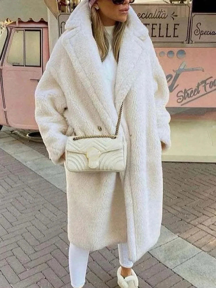 White wool coat womens winter thick warm teddy ultrafine casual long sleeved lapel 241009