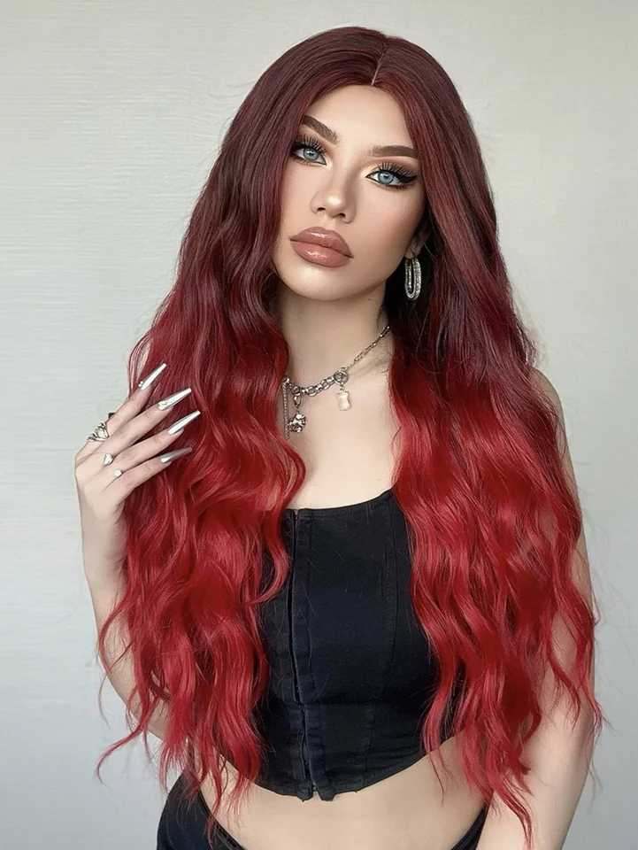 HENRY MARGU Red Loose Wave Wigs Ombre Long Middle Part Wig Heat Resistant Synthetic Hair for Daily Use Soft Smooth Fake HairXJ241008