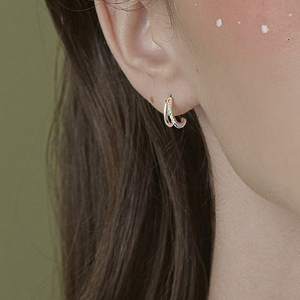 Needle Rainbow Pure Sier Earnail Female Flash Dia Double layer Earring Buckle Earrings Circle Internet Celebrity Niche