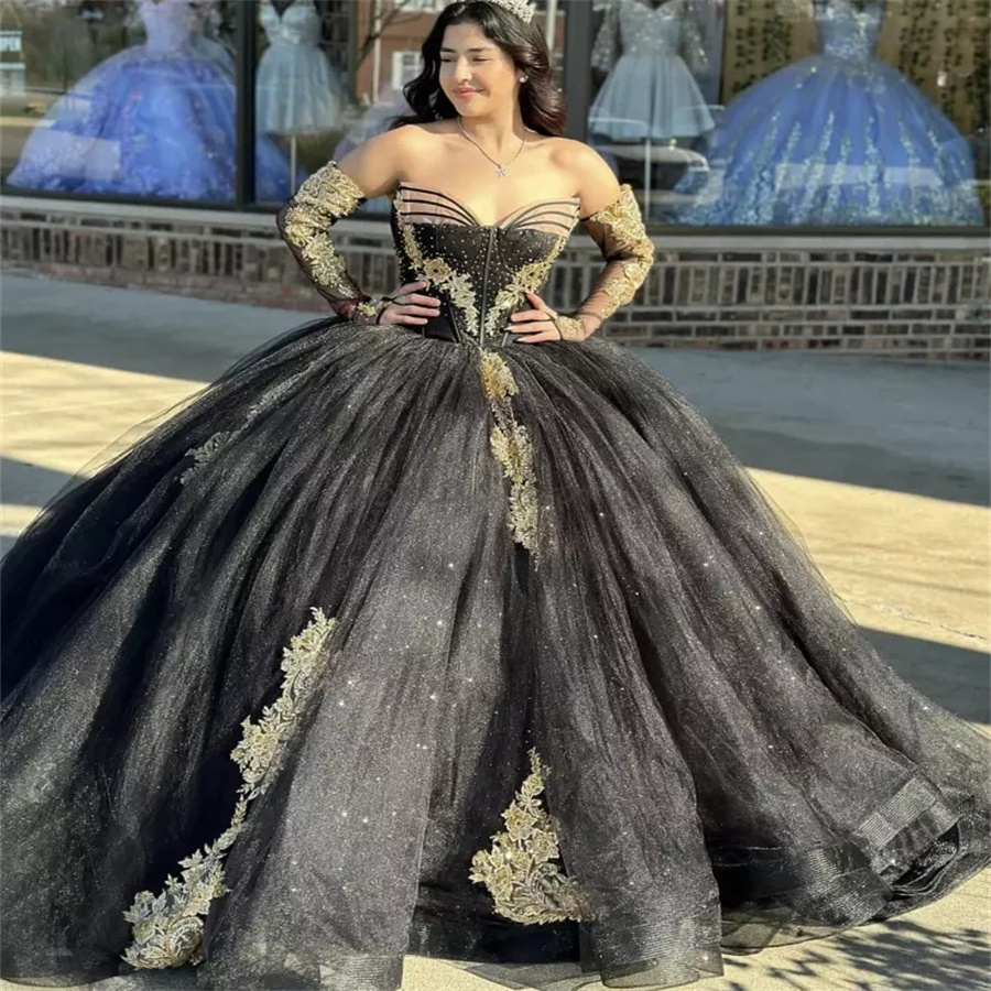 Charro Mexican Black Quinceanera Dresses With Appliques Lace Debutante Vestido De 15 Xv Anos Elegant Beaded Sweet 16 Dress Gorgeous Birthday Prom Dres