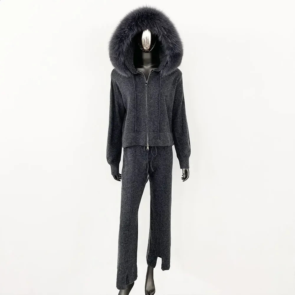 GENHUA AutumnWinter Fashion Sweater Set Womens Trouser Hooded Jacket with Detachable Fox Fur Collar Coat 240929