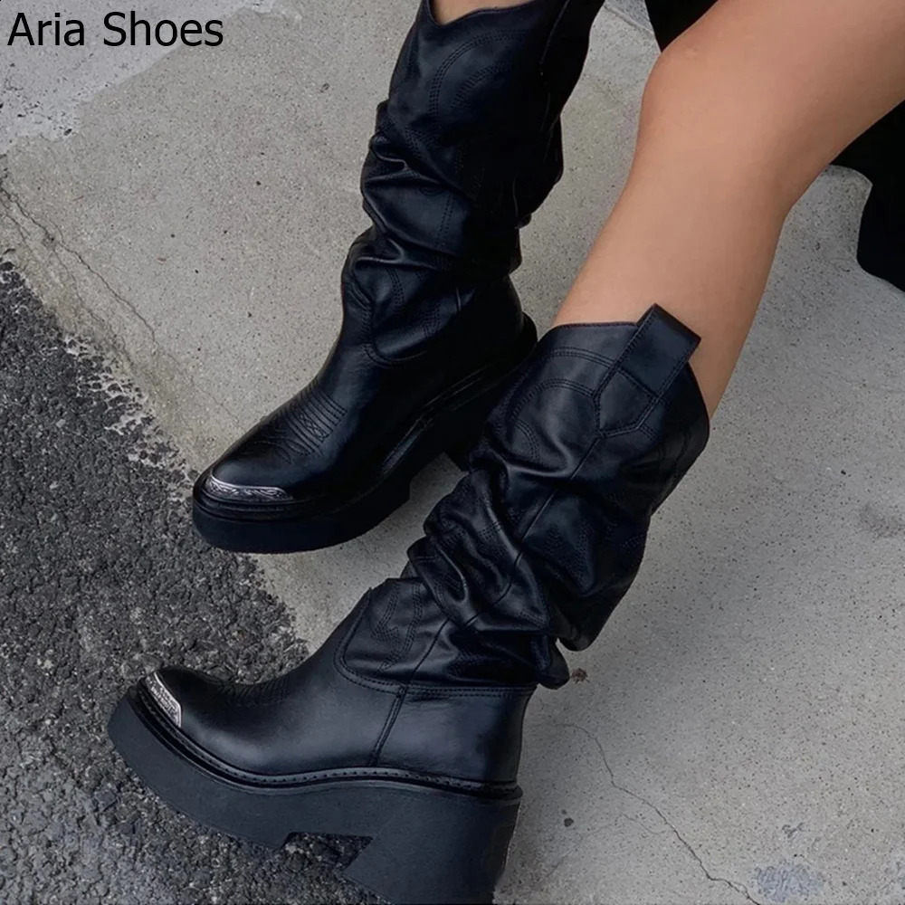 Embroidered Knee High Women Boots Metal Circular Folding Leather Platform High Heel Boots Black Retro Western Cowboy Boots 241007