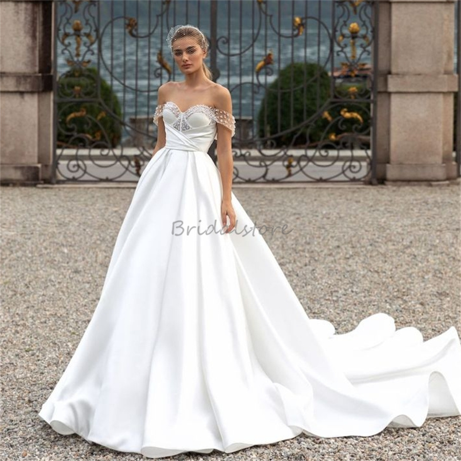 Off Shoulders Country Wedding Dresses With Beaded Charming Soft Satin Backless Boho Bridal Dress 2025 Garden Vestido De Novia Boda Civil Bride Dress E