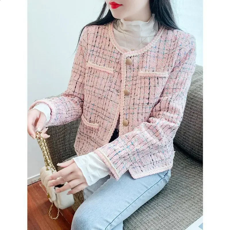 Elegant Petite Cropped Coarse Tweed Top 2024 Spring Style Womens Jacket Crew Neck French Tweed Style For Fashion 241008