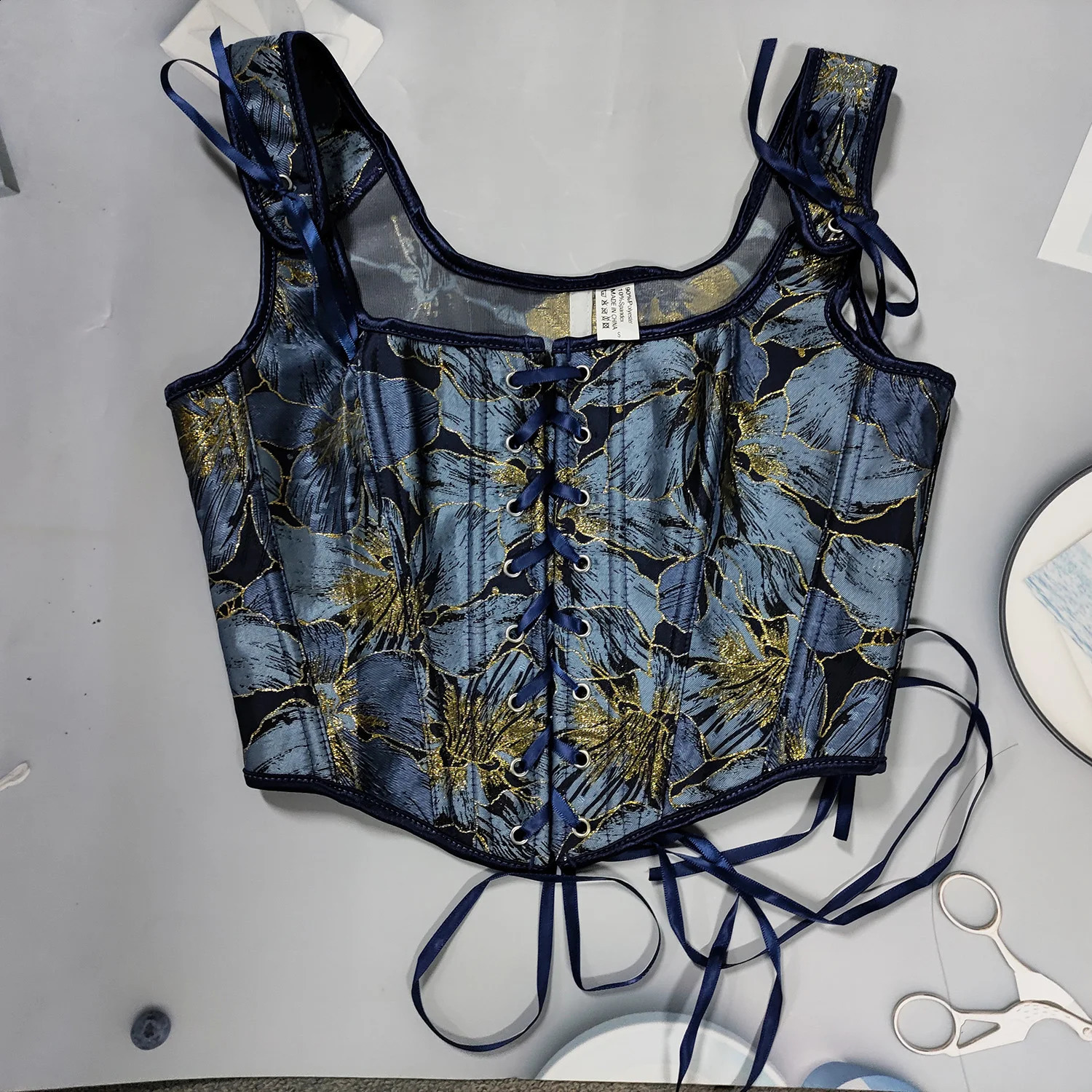 Womens tight corset French retro corset corset vest lace upper bone push up body blue gold lace 241007
