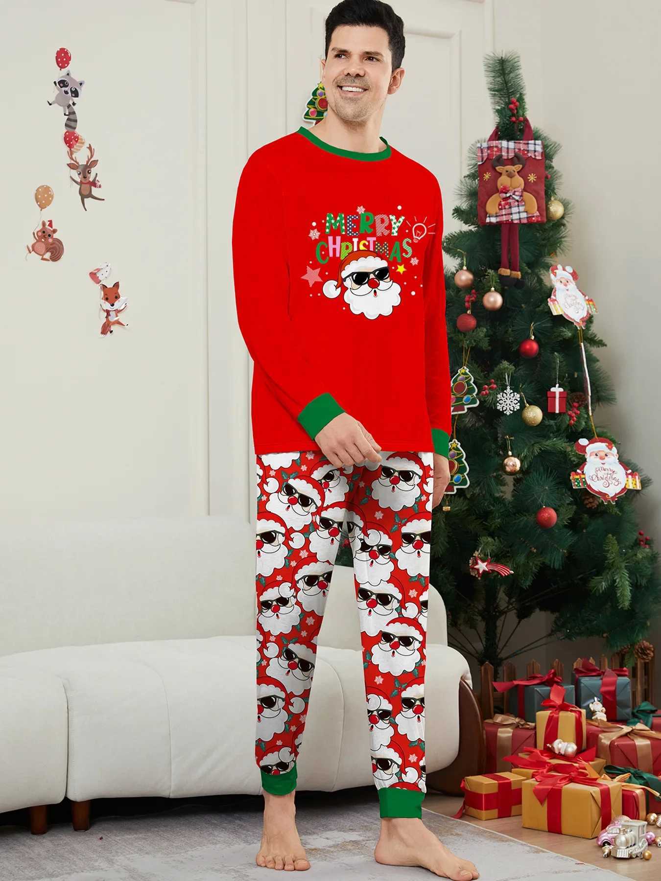 Merry Christmas Santa Claus printed home matching set soft and warm pajamas set casual and loose 2-piece set home clothes baby and dog Pjs W241008
