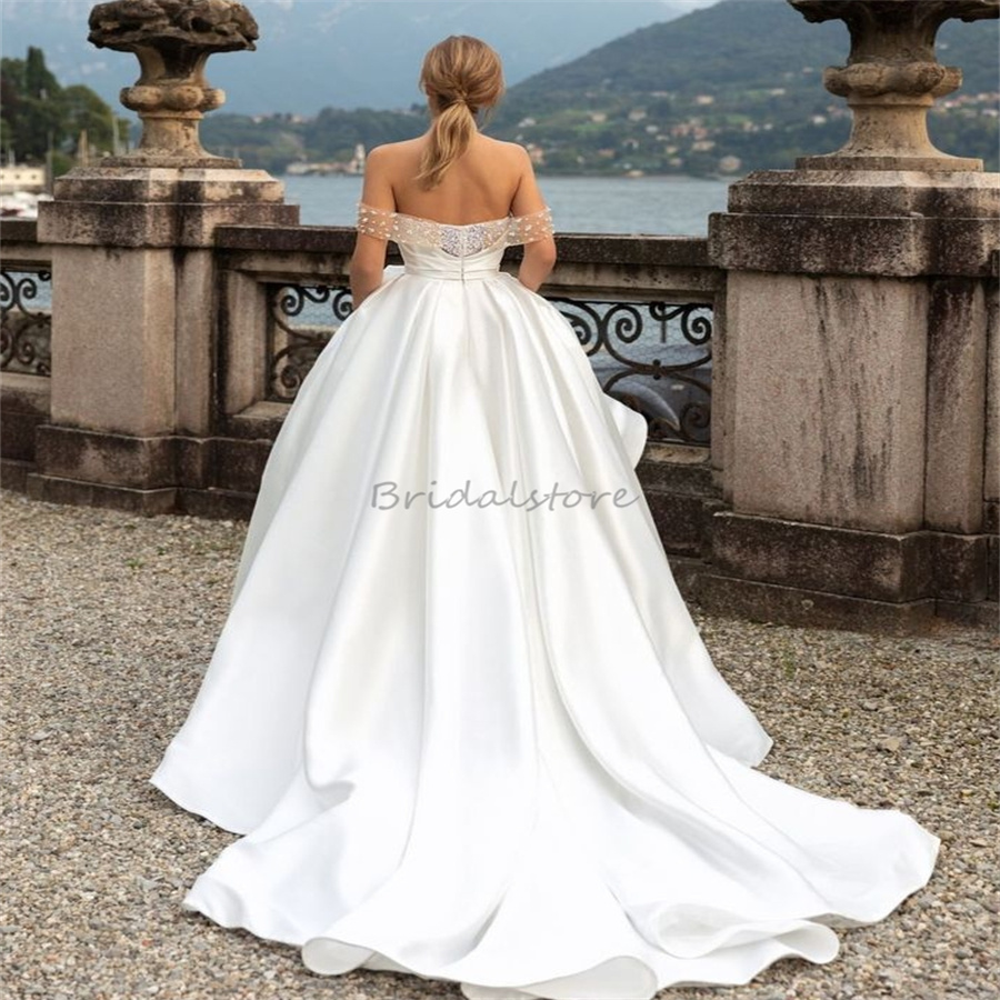 Off Shoulders Country Wedding Dresses With Beaded Charming Soft Satin Backless Boho Bridal Dress 2025 Garden Vestido De Novia Boda Civil Bride Dress E