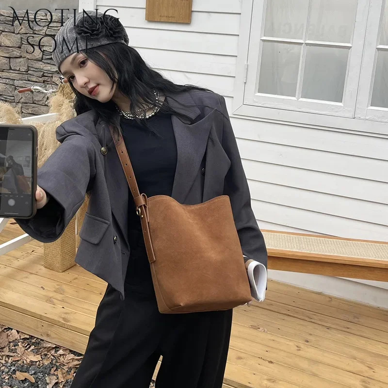 Motingsome Frosted Cowhide Bucket Women Suede Leather Purses Lazy Style Crossbody Shoulder Winter Large Bag 2024 New