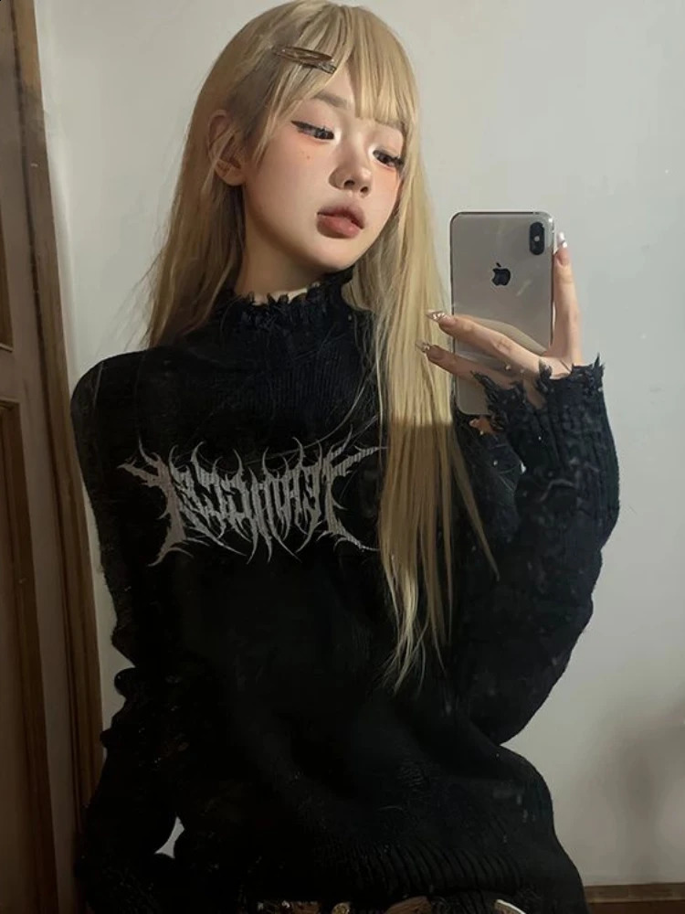Deeptown Y2k Gothic Harajuku Black Grunge Punk Printed Sweater Tassels Long sleeves Pullover Autumn Fashion Vintage 241007