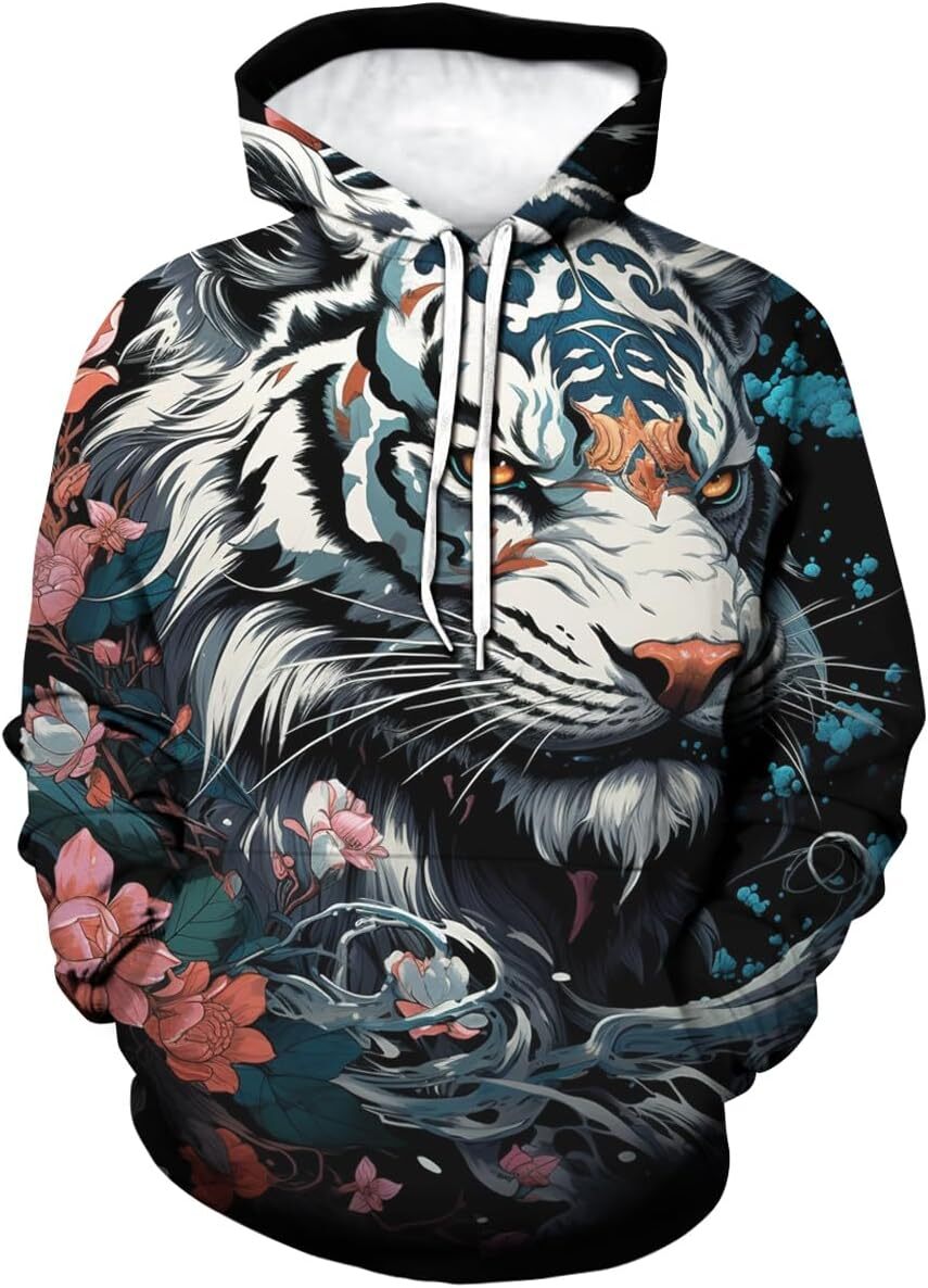 Hoodie for Mens Womens Retro White Tiger Hoodie Novelty Flower Casual Long Sleeved Pullover Hooded Top Graphic Hoodies sweatshirt Pullover Long Sleeve