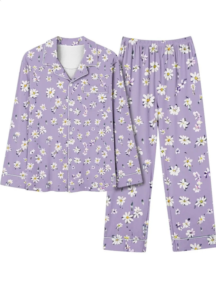 Floral print womens twopiece set spring summer autumn winter lapel pocket pants elegant casual loose home wear 241008