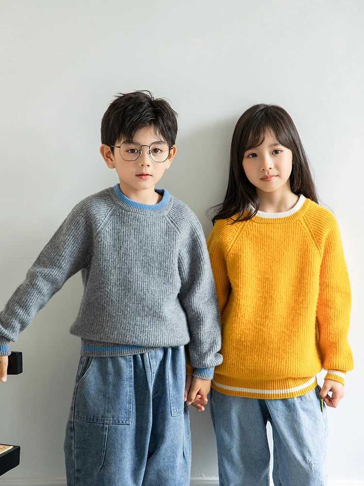 Children 100% Wool Color Match Crewneck Fisherman Rib Pullover Boys Girls Kid Heavy Sweater Teenager Tops Jumper WinterXJ241008