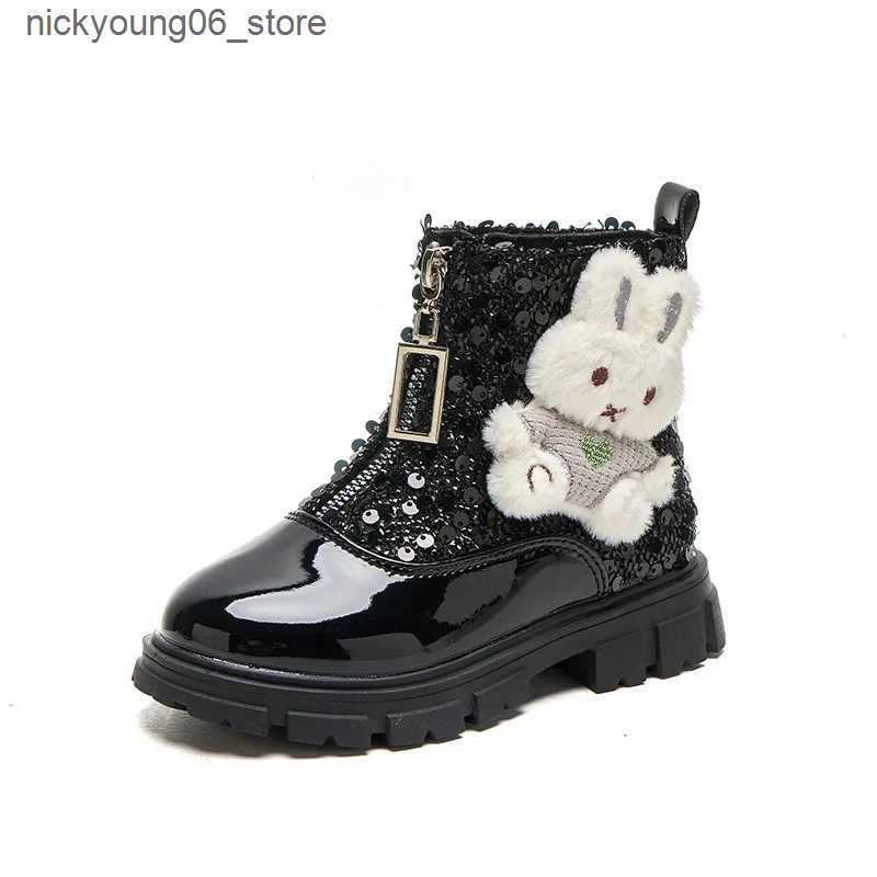 Boots 2024 Children Leather Shoes for Girls Autumn New Fashion Cute Rabbit Soft Anti-slippery Glitter Versatile Front Zip Short Boots L240910