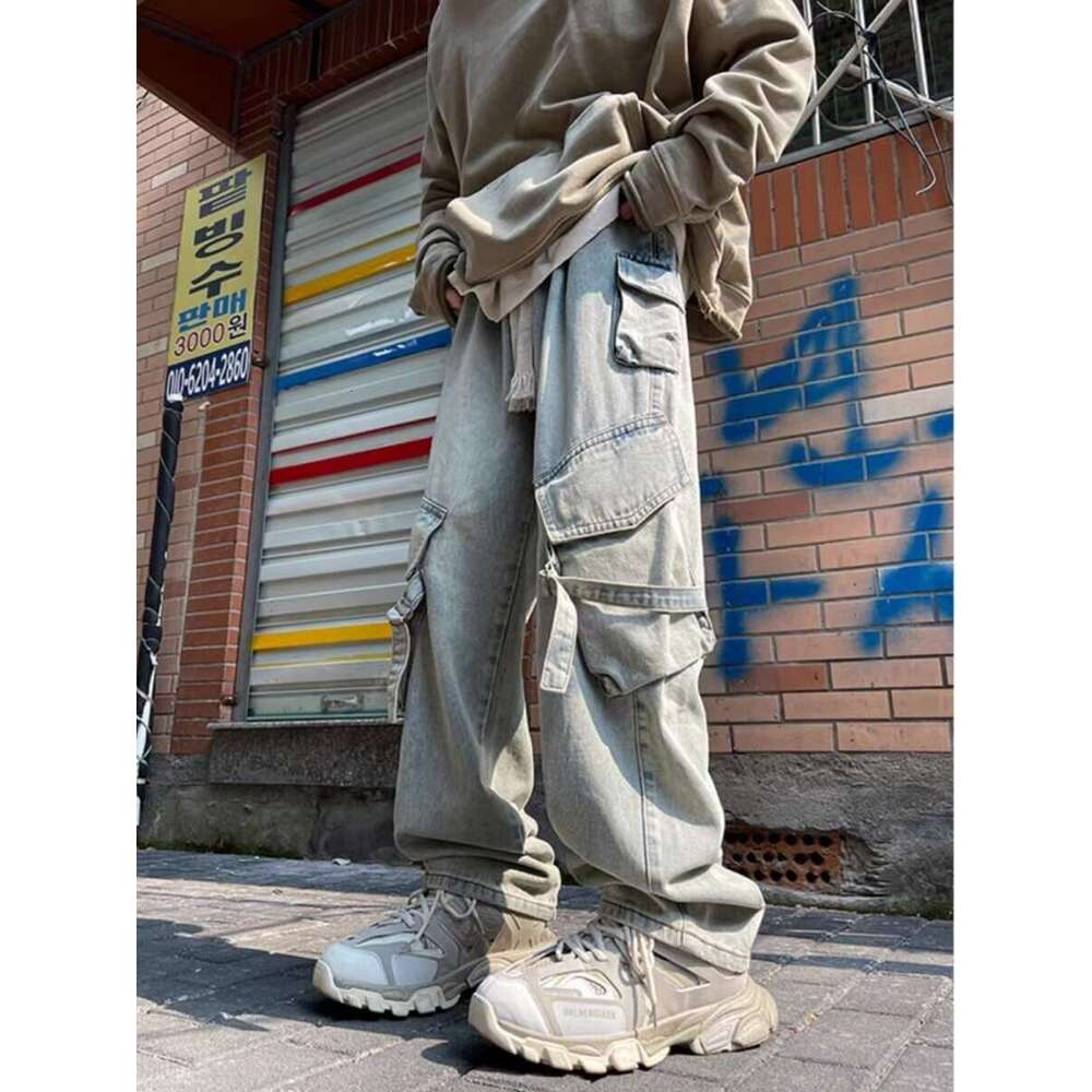 American High Street Multi Pocket Workwear Jeans For Men In Autumn And Winter, Oversized Loose Straight Leg Wide Leg Men's Pants, Trendy Men'