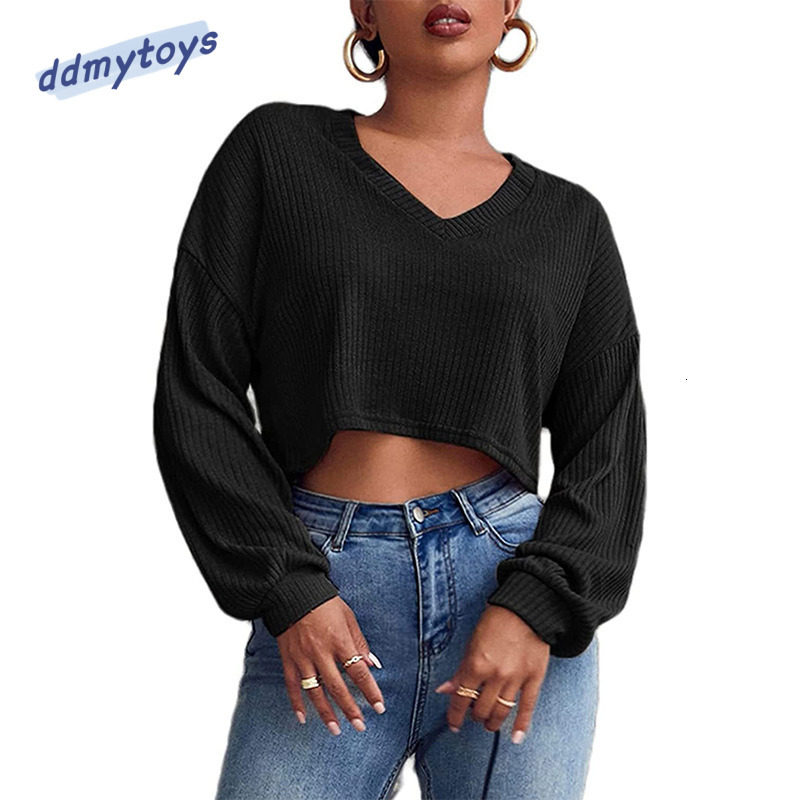 dongdumaoyi autumn and winter casual solid color long sleeved loose knit V neck crop top T shirt women 's clothing F1008#21