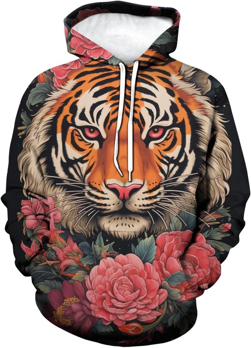 Hoodie for Mens Womens Novelty Cartoon Animal Pattern Hoodie Printed Hooded Tiger Funny Long Sleeved Sweatshirt Hoodie Men GraphicPullover cool