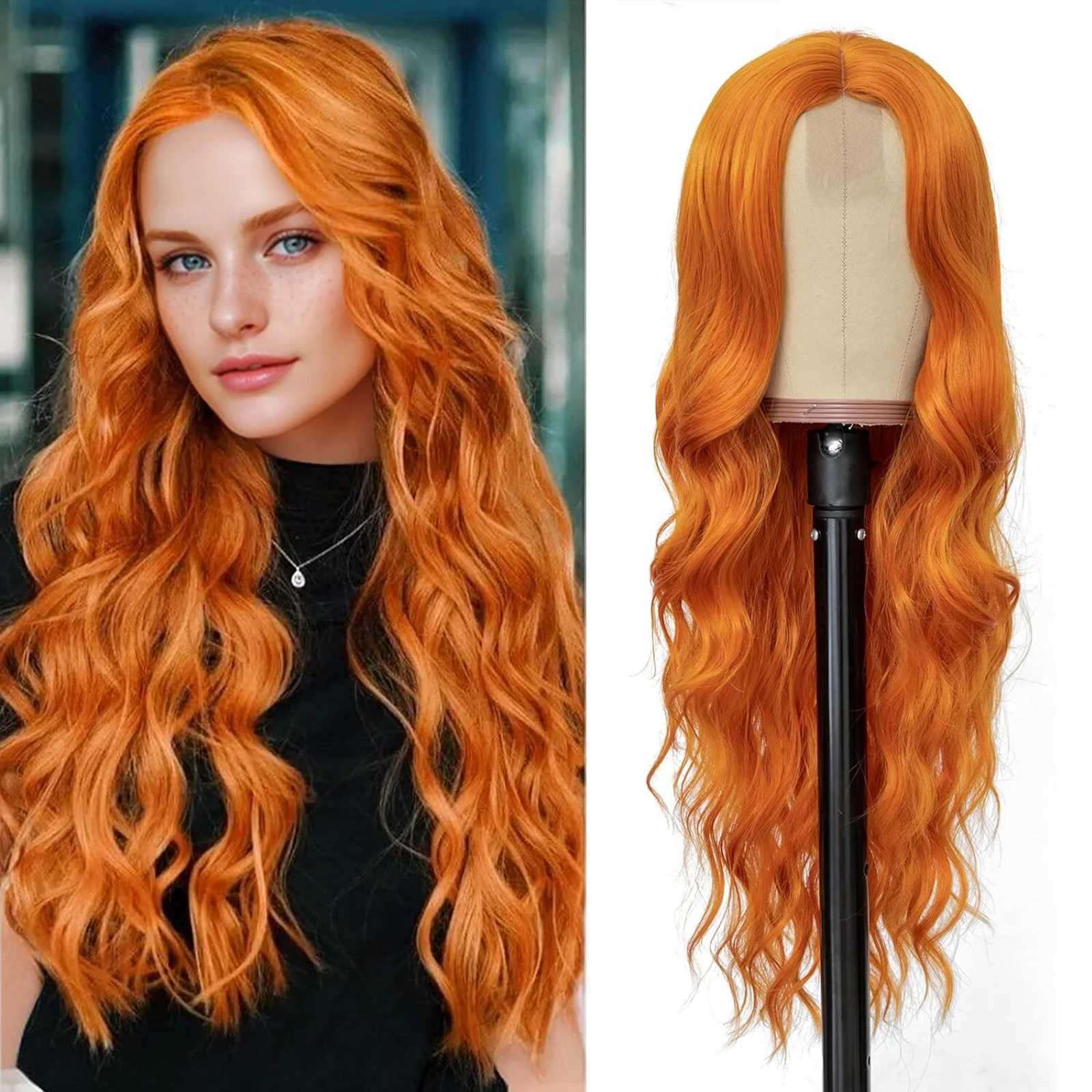 Tereshar Long Ginger Orange Wavy Synthetic Wig for Women Middle Part Curly Wavy Wig Heat Resistant Fiber Wig for Daily Party UseXJ241008
