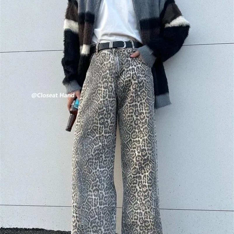 Womens American Vintage Leopard Print Washed Thin Jeans Street Casual Neutral Style DenimTrousers High Waist Straight Pants y240924