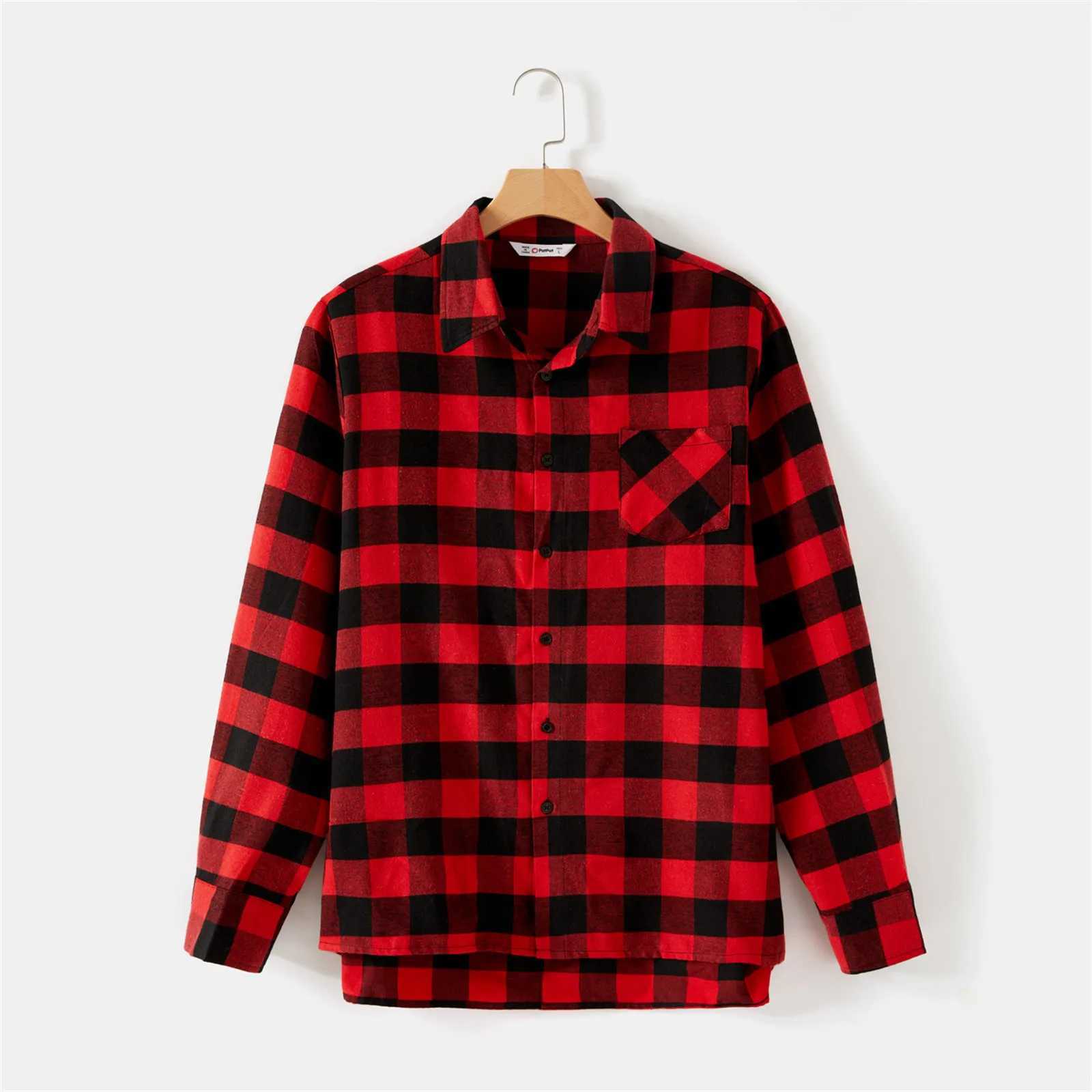 Christmas Family Matching Outfits Red Checkered Long Sleeve Button Up Top and Mesh Skirt Set Suitable for Family Appearance Clothing W241008