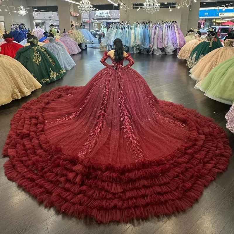 Red Princess Quinceanera Dresses Off Shoulder Applique Lace Beads Tull Tiered Lace-Up Corset Vestidos De 15 Anos Sweet 16 Dress