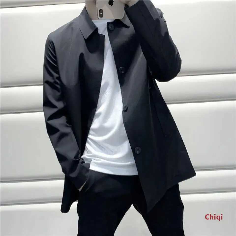 New 2023 Spring and Autumn Fashion Casual Loose Fit Mens Medium length Trench Coat Thin Regular Collar W241007