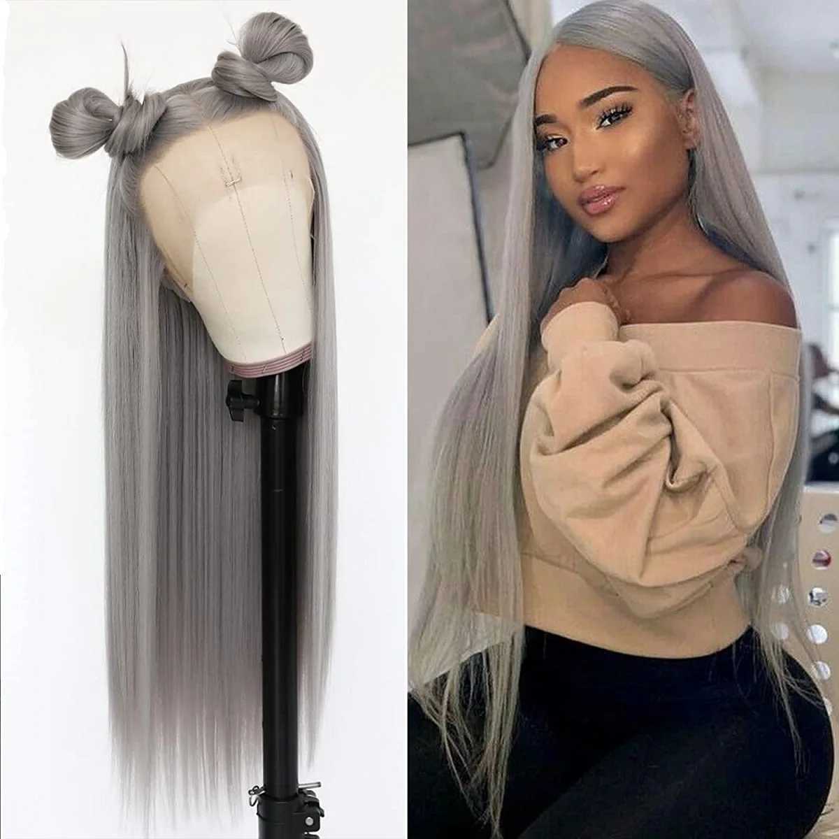 Silver Gray Long Straight Wig In The Natural Heat-Resistant Synthetic Wig Women Wear A Full Head Cover For Daily GatheringsXJ241008