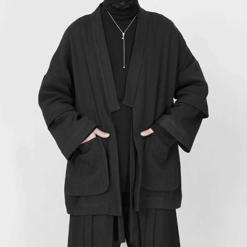 Large mens windproof tea suit cardigan wool sweater Han Fu 2023 new Chinese splicing design loose medium long jacket W241007