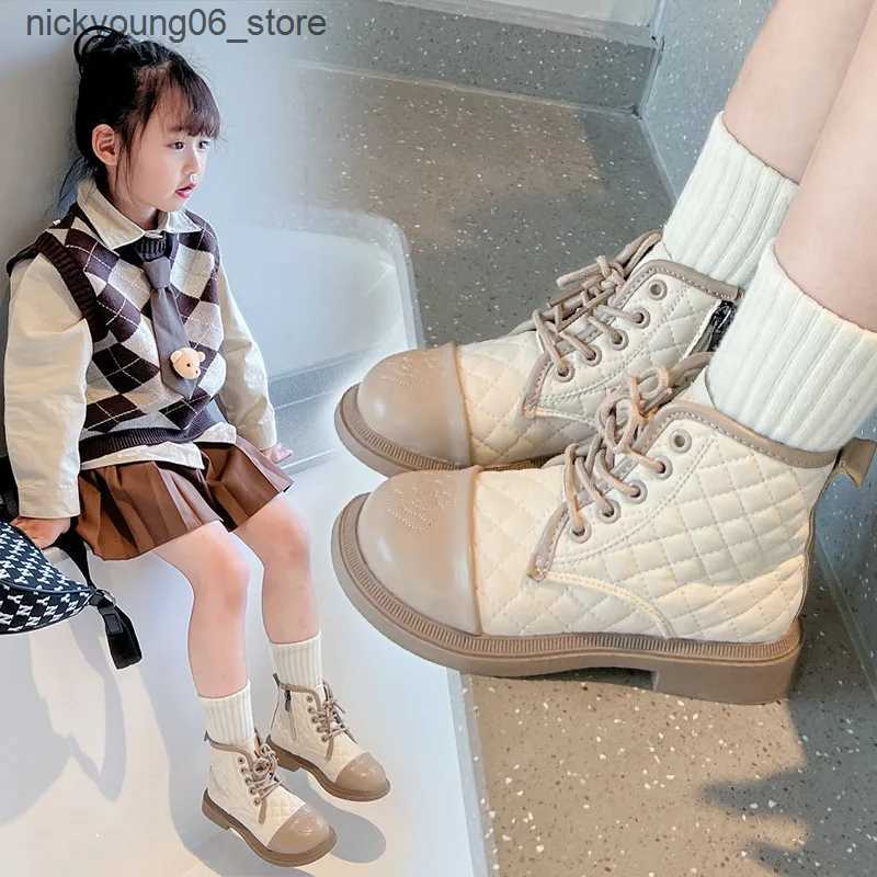 Boots Korean Version Plaid Emed Side Zippered Leather Boots Princess Boot Winter Shoe for Girl Kid Shoe for Girl Boot Zapatos L240910