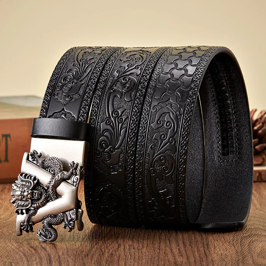 3.5CM V-shaped buckle genuine cowhide belt high-quality alloy automatic buckle printing waste belt gift business mens belt 240925