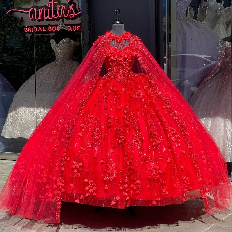 Red Shiny Princess Quinceanera Dresses Sweet 16 Years Birthday Party Princess Lace Appliques Beads With Cape Puffy Ball Gown Vestidos De 15 Anos