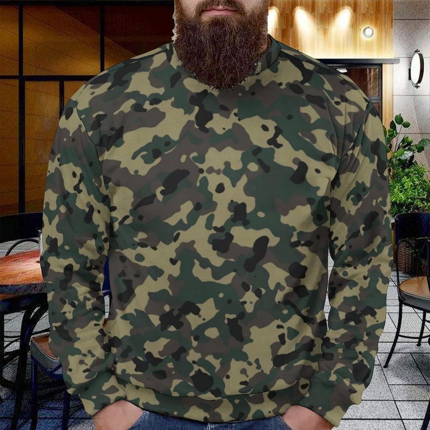 Long Sleeve Shirts for Men sweatshirt Men's Crewneck Camo Sweatshirt Casual Streetwear Camo Pattern Long Sleeve Pullover T shirt Tee Streetwear