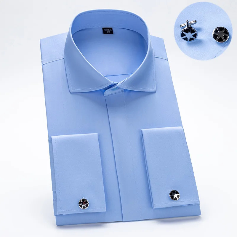 Windsor collar French cuffed dress fashionable mens long sleeved business formal shirt covered button up cufflinks shirt 241007