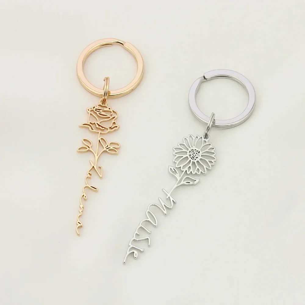 Custom Name Birth Flower Keychain Dainty Personalized Stainless Steel Keyring Fashion Jewelry Christmas Birthday GiftX241008