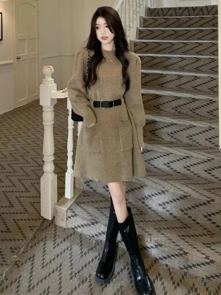 QWEEK Autumn Winter Knitted Sweater Womens Retro Long Sleeve Mini Belt Short Skirt 241007