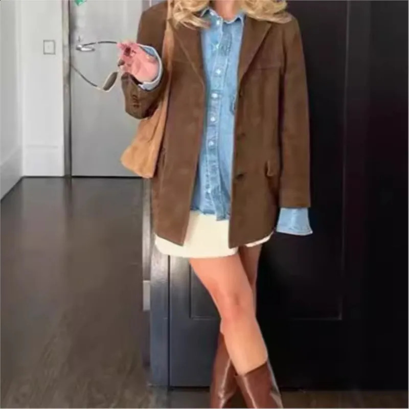 Retro brown suede leather jacket for womens fashion single chest pocket lapel crop coat womens autumn coat 241007