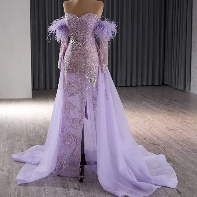 Real Picture Quality Purple Women Evening Dresses Sweetheart Long Sleeves Beading Lace Up Wedding Party Dress Prom Ocn 2025